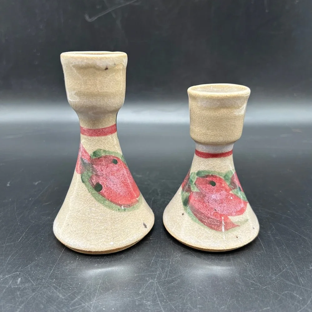 Vtg Art Pottery Stoneware Set Of 2‎ Candlestick Holders Janet Pashin